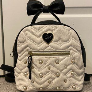 Betsey Johnson Quilted Pearl and Bow Mini Backpack Black White